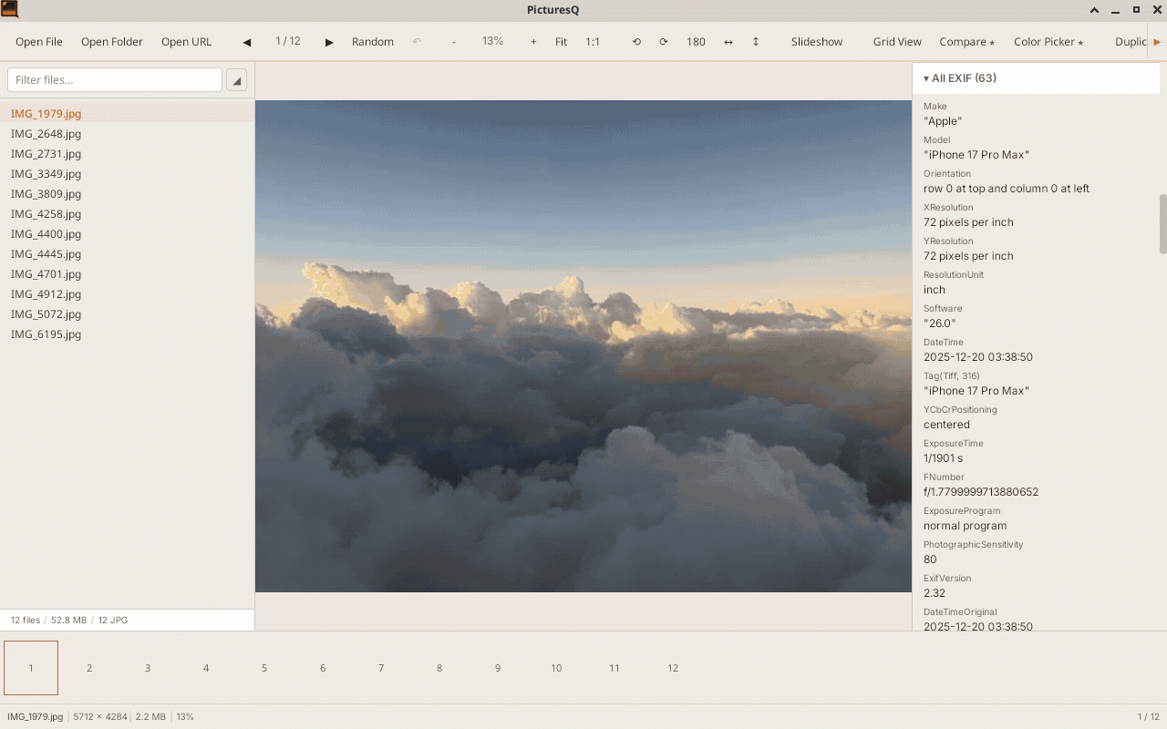 PicturesQ animated demo showing folder browsing, EXIF metadata panel, and image navigation